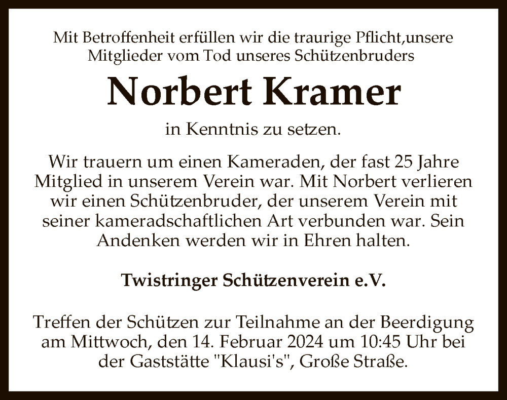  Traueranzeige für Norbert Kramer vom 13.02.2024 aus SYK