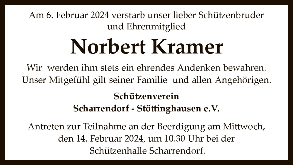  Traueranzeige für Norbert Kramer vom 12.02.2024 aus SYK