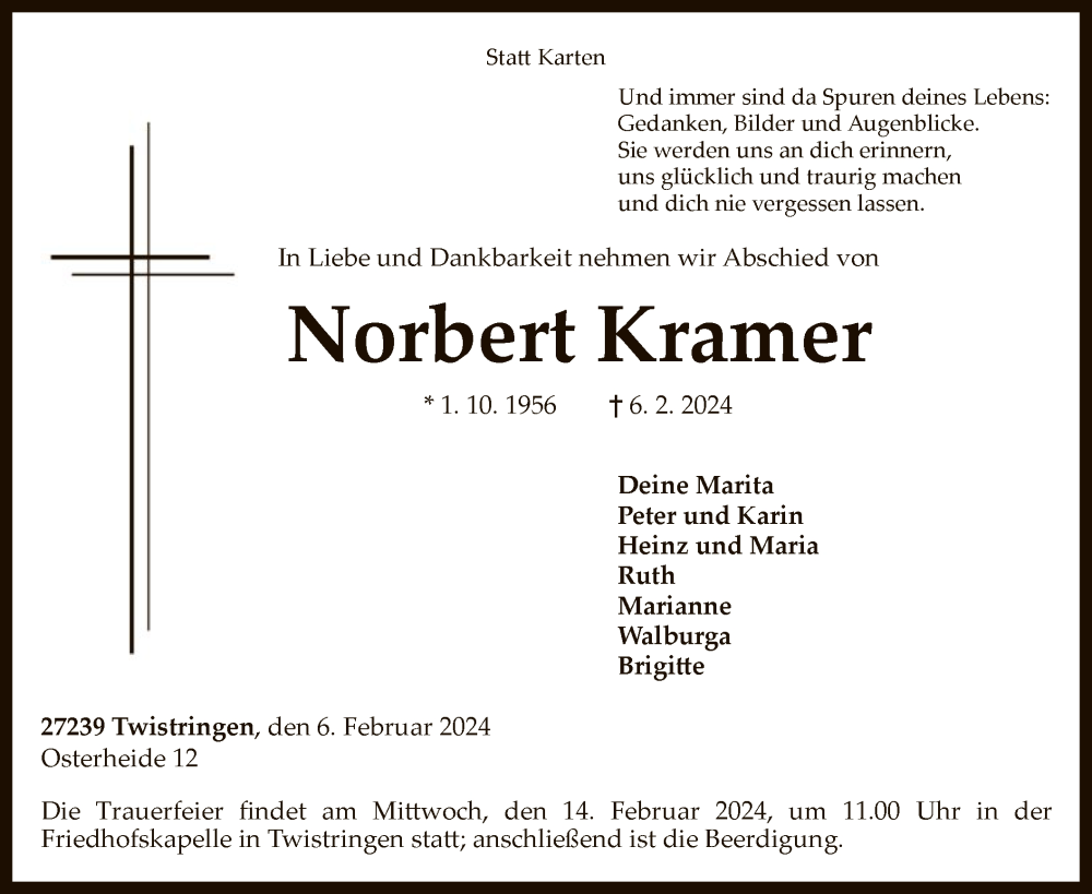  Traueranzeige für Norbert Kramer vom 10.02.2024 aus SYK