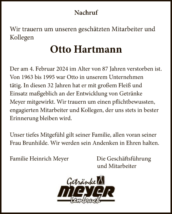Traueranzeige von Otto Hartmann von SYK