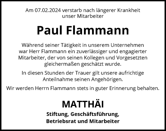 Traueranzeige von Paul Flammann von SYK