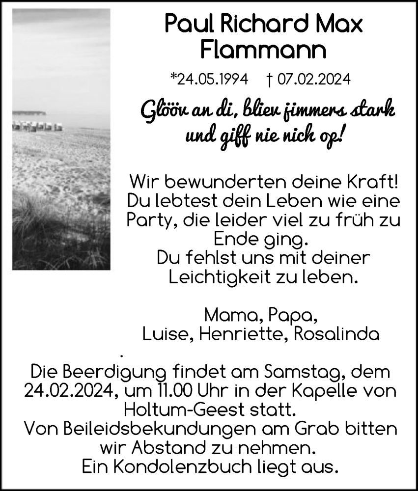  Traueranzeige für Paul Richard Max Flammann vom 17.02.2024 aus SYK