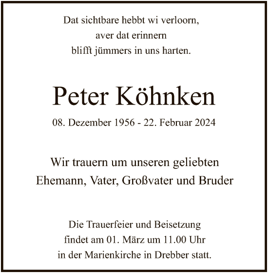 Traueranzeige von Peter Köhnken von SYK