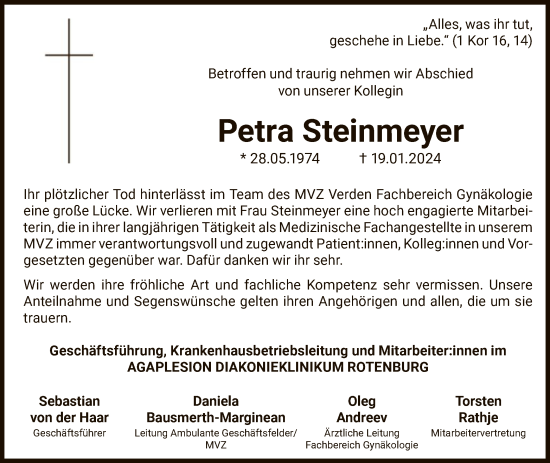 Traueranzeige von Petra Steinmeyer von SYK