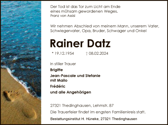 Traueranzeige von Rainer Datz von SYK