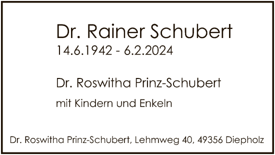Traueranzeige von Rainer Schubert von SYK