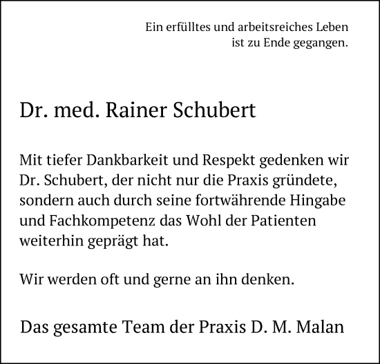 Traueranzeige von Rainer Schubert von SYK