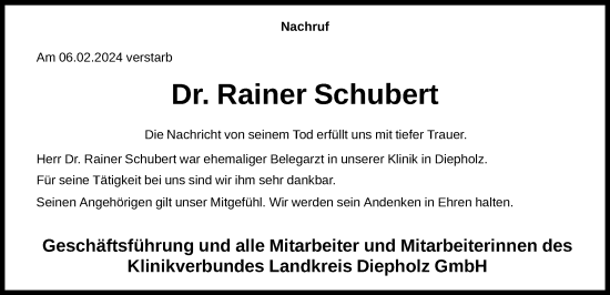 Traueranzeige von Rainer Schubert von SYK