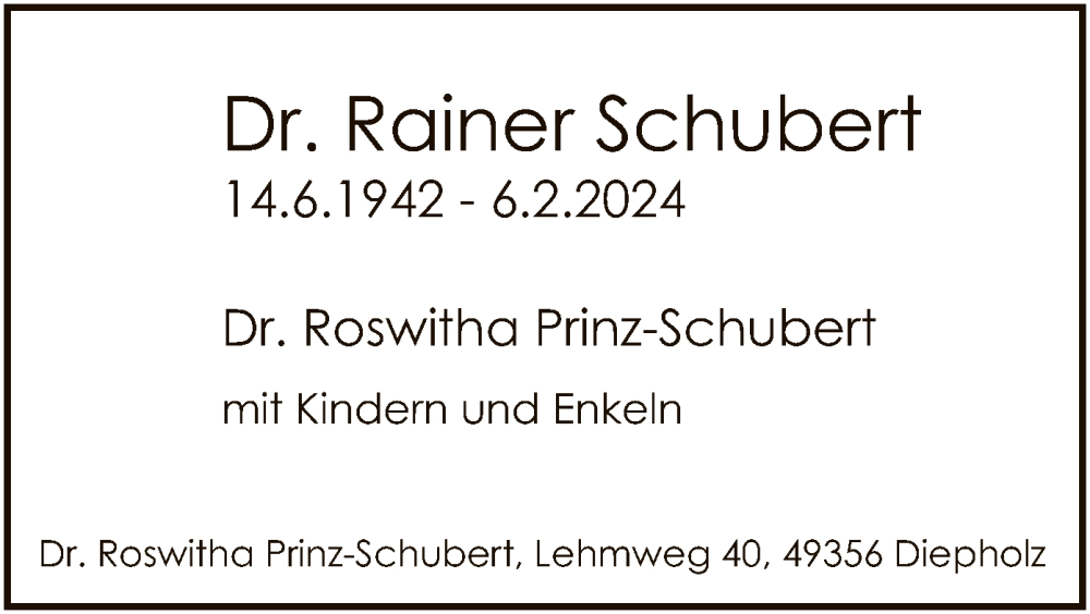  Traueranzeige für Rainer Schubert vom 10.02.2024 aus SYK