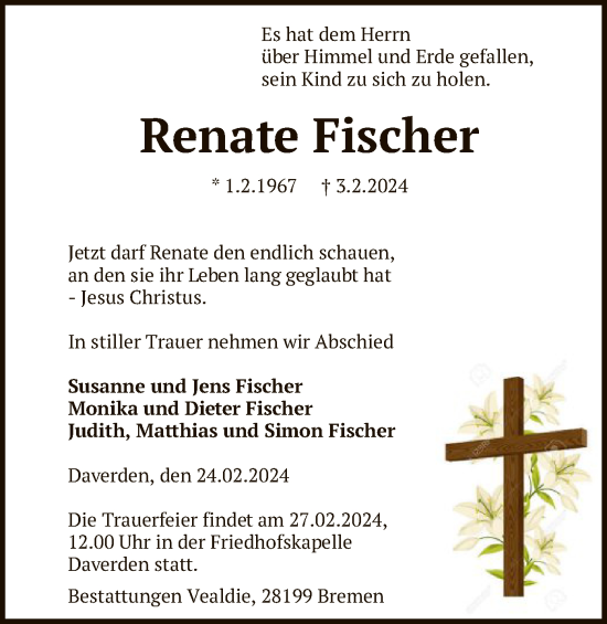 Traueranzeige von Renate Fischer von SYK