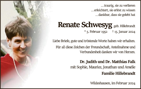 Traueranzeige von Renate Schwesyg von SYK