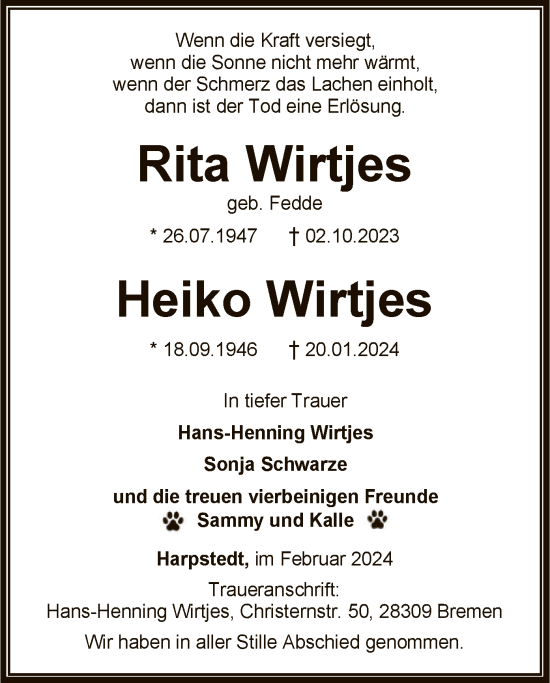 Traueranzeige von Rita und Heiko Wirtjes von SYKSYK