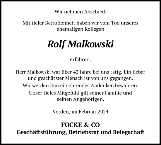 Traueranzeige von Rolf Malkowski von SYK