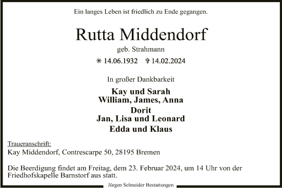 Traueranzeige von Rutta Middendorf von SYK