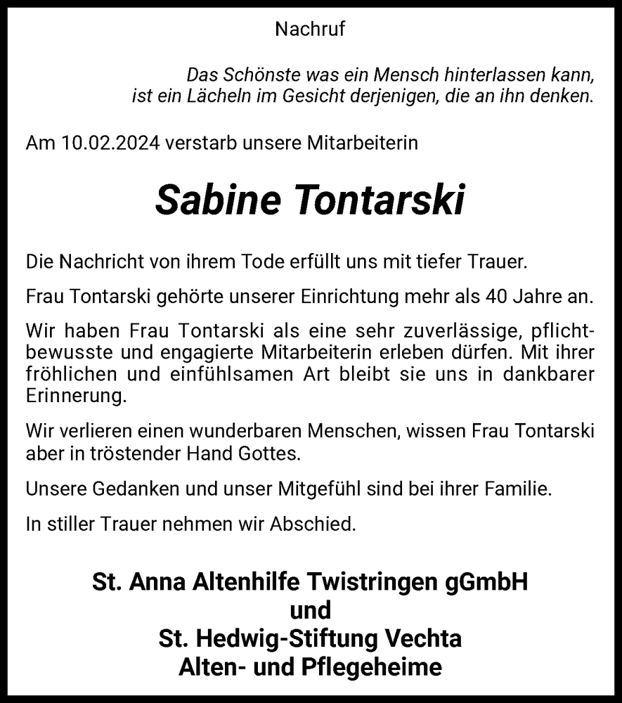  Traueranzeige für Sabine Tontarski vom 17.02.2024 aus SYK