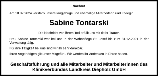 Traueranzeige von Sabine Tontarski von SYK