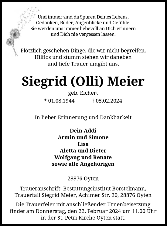 Traueranzeige von Siegrid Meier von SYK