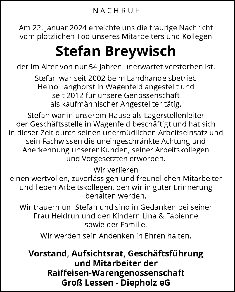  Traueranzeige für Stefan Breywisch vom 03.02.2024 aus SYK