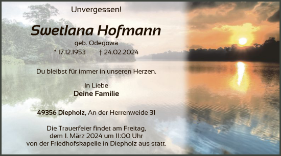 Traueranzeige von Swetlana Hofmann von SYK