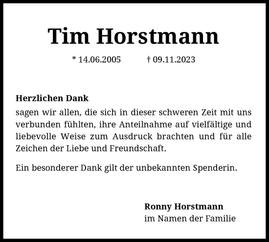 Traueranzeige von Tim Horstmann von SYK