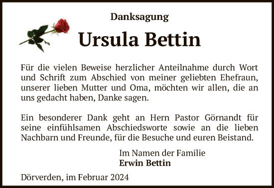 Traueranzeige von Ursula Bettin von SYK