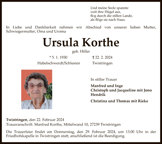 Traueranzeige von Ursula Korthe von SYK