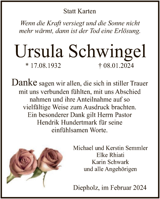 Traueranzeige von Ursula Schwingel von SYK