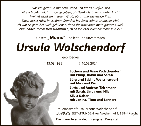 Traueranzeige von Ursula Wolschendorf von SYK