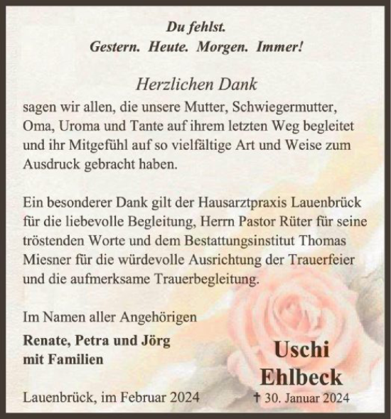 Traueranzeige von Uschi Ehlbeck von SYK