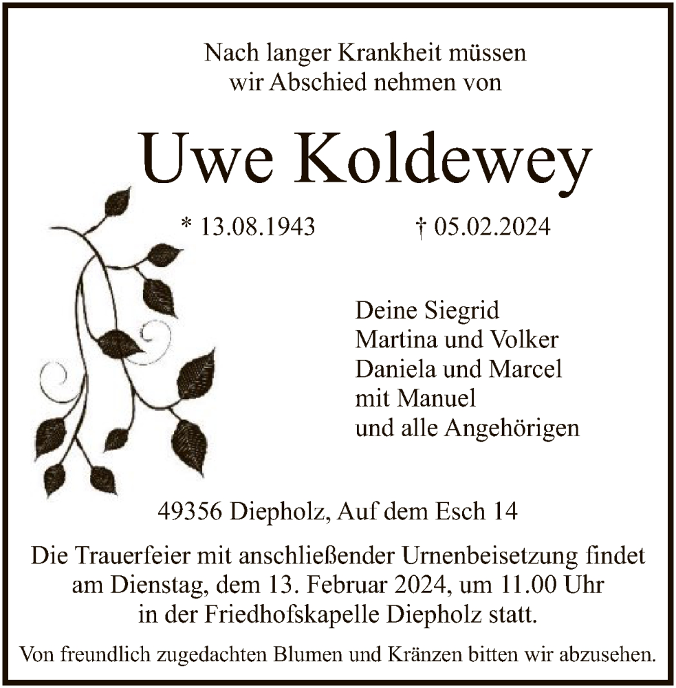  Traueranzeige für Uwe Koldewey vom 09.02.2024 aus SYK