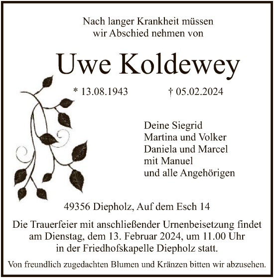 Traueranzeige von Uwe Koldewey von SYK