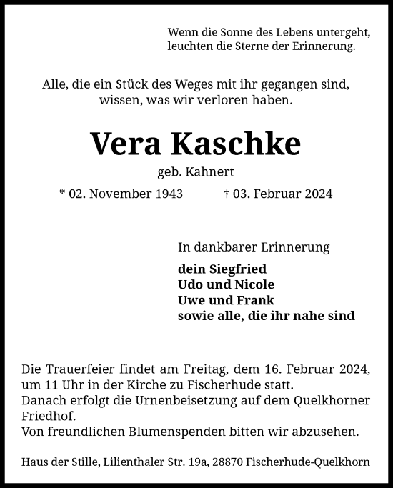 Traueranzeige von Vera Kaschke von SYK