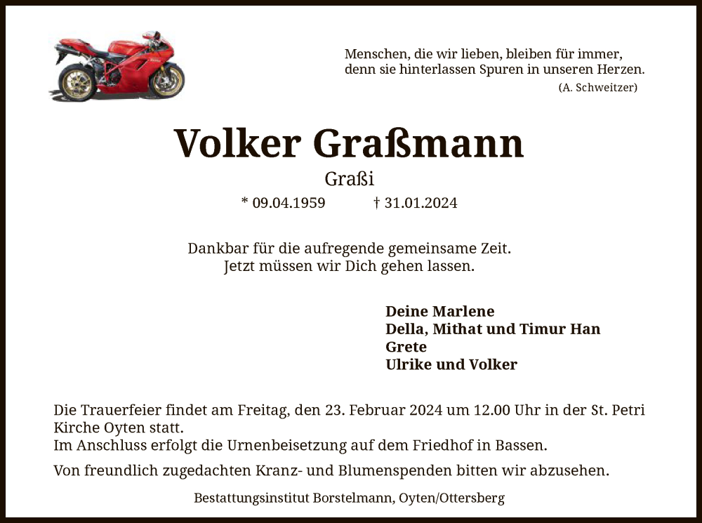  Traueranzeige für Volker Graßmann vom 17.02.2024 aus SYK