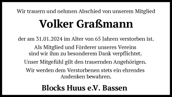 Traueranzeige von Volker Graßmann von SYK