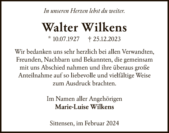 Traueranzeige von Walter Wilkens von SYK