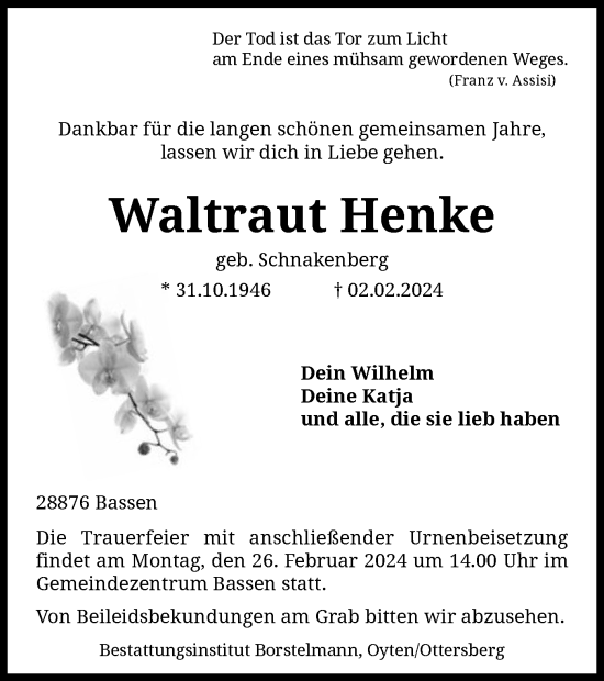 Traueranzeige von Waltraut Henke von SYK