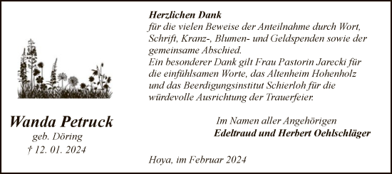 Traueranzeige von Wanda Petruck von SYK