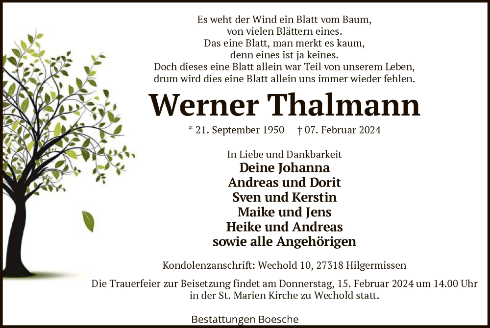  Traueranzeige für Werner Thalmann vom 10.02.2024 aus SYK
