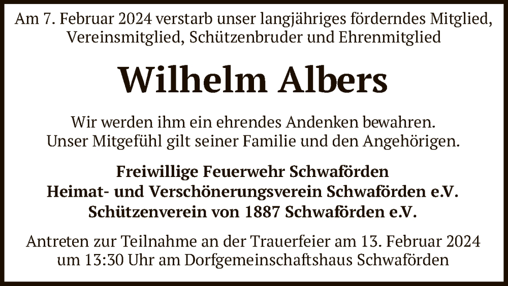  Traueranzeige für Wilhelm Albers vom 10.02.2024 aus SYK