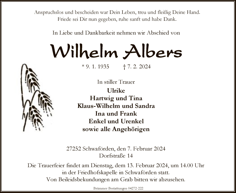  Traueranzeige für Wilhelm Albers vom 09.02.2024 aus SYK
