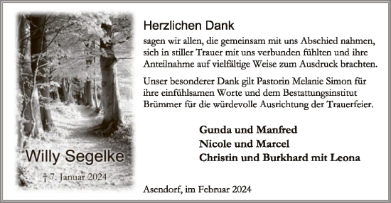 Traueranzeige von Willy Segelke von SYK