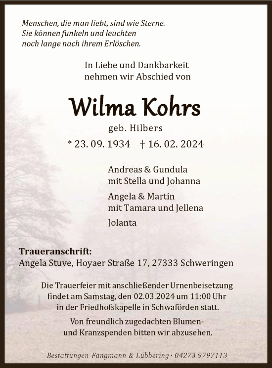 Traueranzeige von Wilma Kohrs von SYK