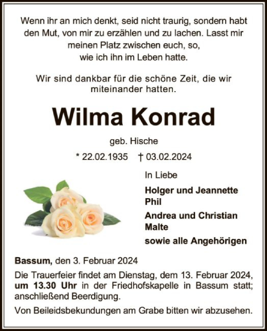 Traueranzeige von Wilma Konrad von SYK