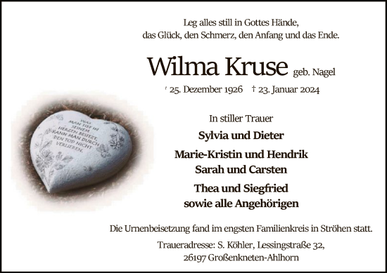Traueranzeige von Wilma Kruse von SYK