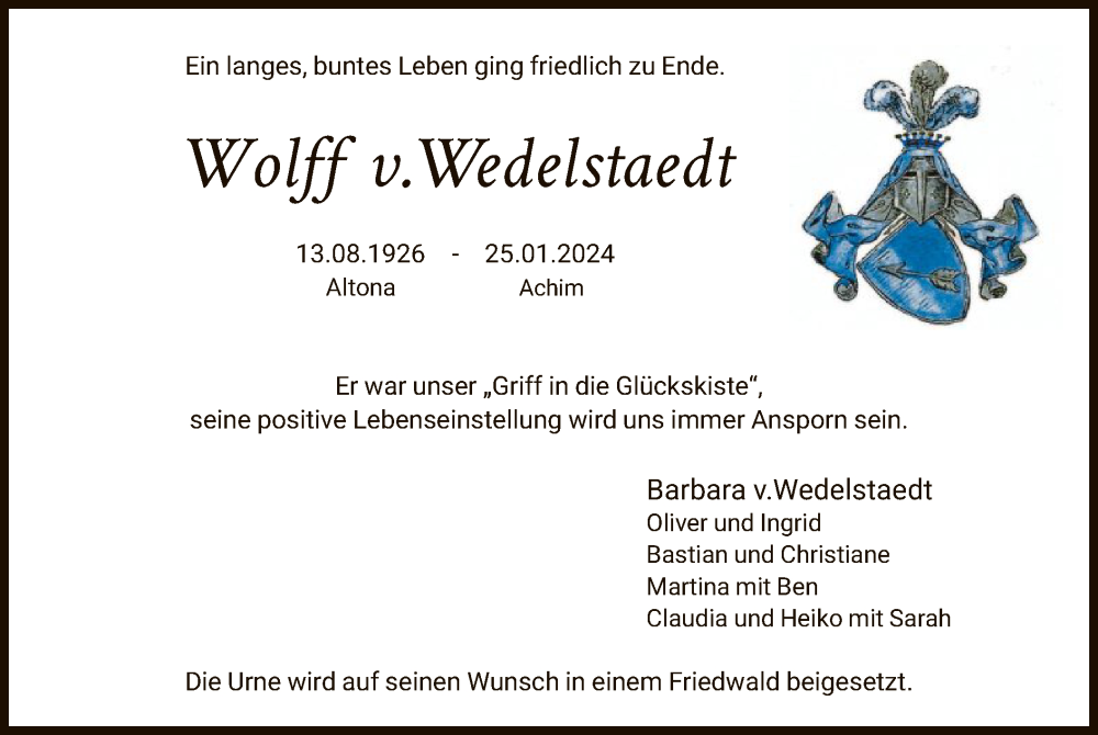  Traueranzeige für Wolff v.Wedelstaedt vom 03.02.2024 aus SYK