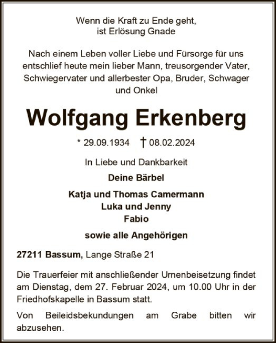 Traueranzeige von Wolfgang Erkenberg von SYK
