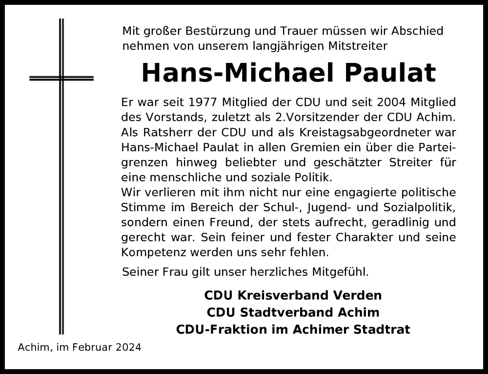  Traueranzeige für Hans-Michael Paulat vom 28.02.2024 aus SYK