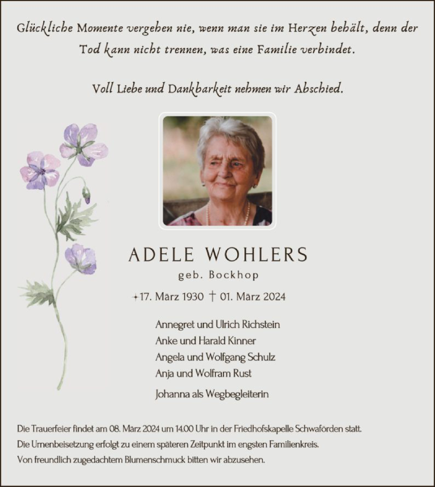  Traueranzeige für Adele Wohlers vom 05.03.2024 aus SYK