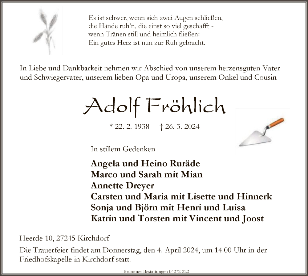  Traueranzeige für Adolf Fröhlich vom 30.03.2024 aus SYK