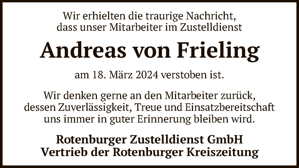  Traueranzeige für Andreas von Frieling vom 30.03.2024 aus SYK
